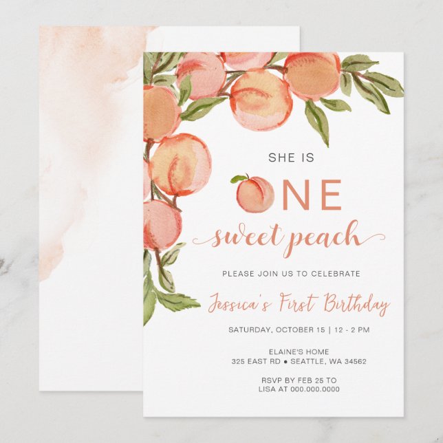 One Sweet Peach First Birthday Invitation (Front/Back)