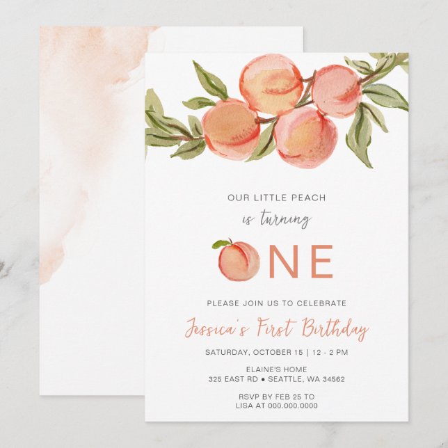 One Sweet Peach First Birthday Invitation (Front/Back)