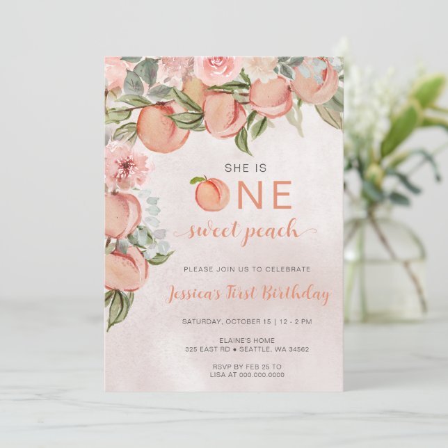 One Sweet Peach First Birthday Invitation (Standing Front)