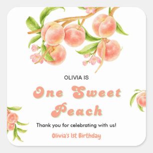 One Sweet Peach Fruit 1st Birthday Thank You Square Sticker