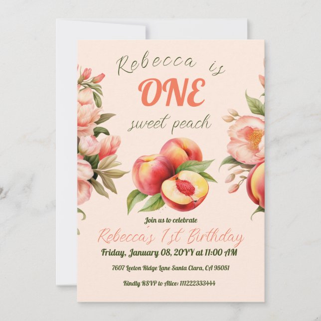 ONE Sweet Peach Girl Summer Floral 1st Birthday Invitation (Front)
