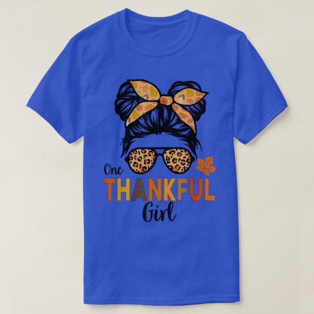 One Thankful Girl Thanksgiving Kid Messy Bun Leopa T-Shirt (Design Front)