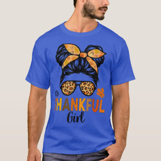 One Thankful Girl Thanksgiving Kid Messy Bun Leopa T-Shirt