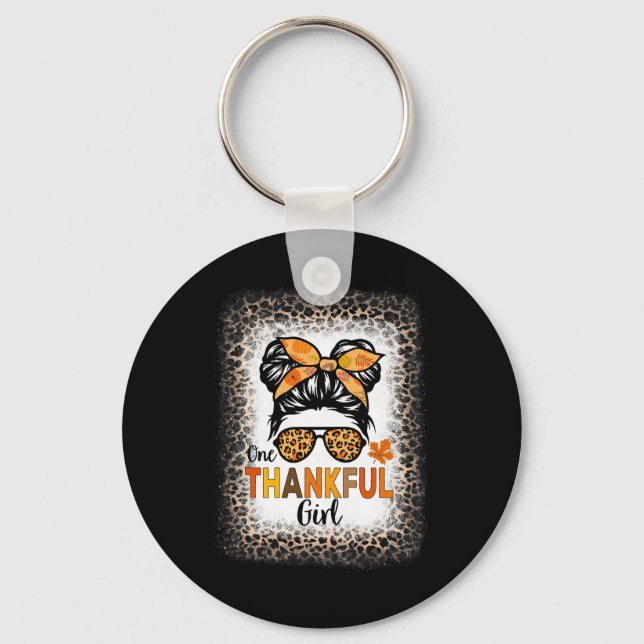 One Thankful Girl Thanksgiving Messy Bun Leopard B Keychain (Front)