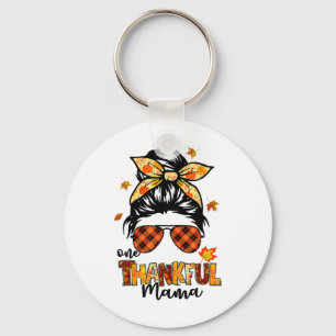 One Thankful Mama Funny Messy Bun Fall Autumn Than Keychain