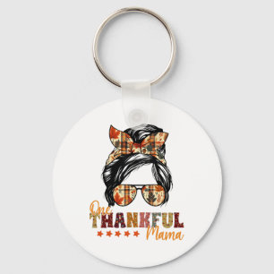 One Thankful Mama Thanksgiving Messy Bun Autumn Fa Keychain
