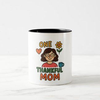 One Thankful Mom – Cute Cartoon Mother with Glasse Two-Tone Coffee Mug