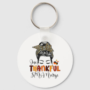 One Thankful Stna Nurse Messy Bun Leopard Thanksgi Keychain