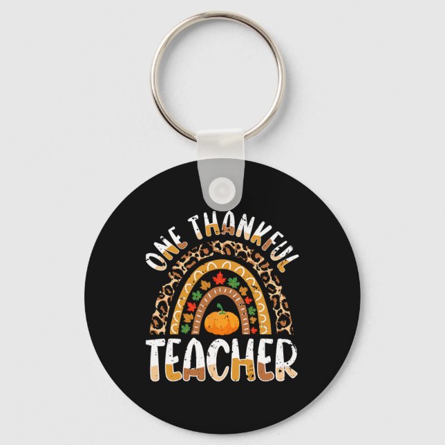 One Thankful Teacher Cute Thanksgiving Rainbow Leo Keychain (Front)