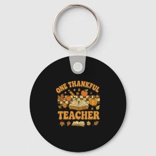 One Thankful Teacher Groovy Book Pumpkin Fall Than Keychain