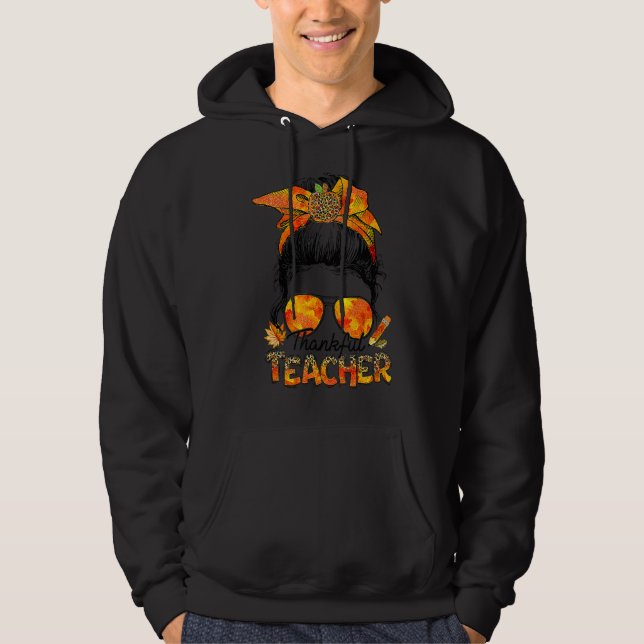 One Thankful Teacher Leopard Messy Bun Thanksgivin Hoodie (Front)