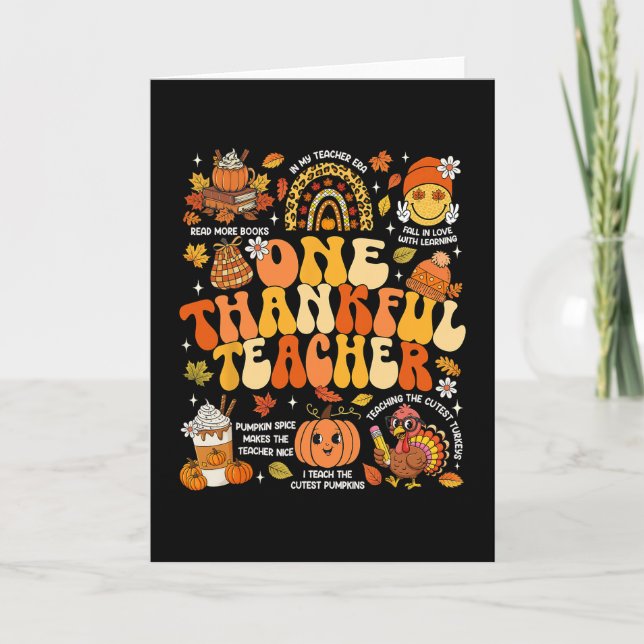 One Thankful Teacher Thanksgiving Groovy Fall Autu Card (Front)