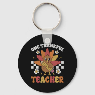 One Thankful Teacher Thanksgiving Retro Groovy Fal Keychain