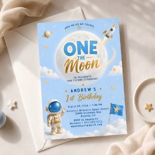 One The Moon Astronaut Birthday Party Blue & Gold Invitation