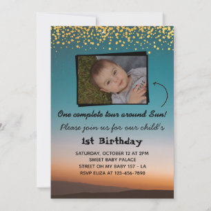 One tour around Sun - Photo 1st Birthday Invitation