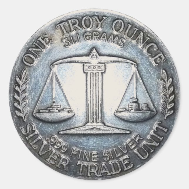 One Troy Ounce .999 Fine Silver Trade Unit Scale Classic Round Sticker (Front)