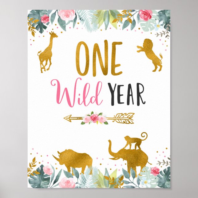 One Wild Year Pink Gold Safari Birthday Sign (Front)