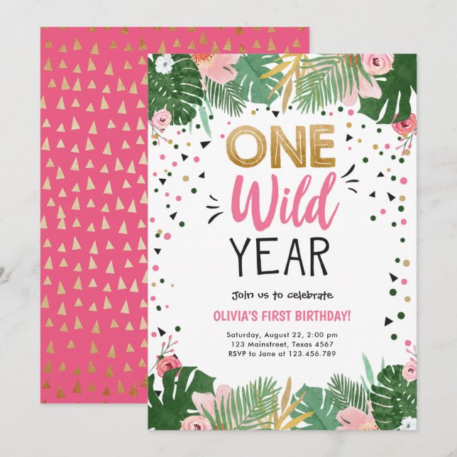 One Wild Year Safari Gold Girl First 1st Birthday Invitation (Front/Back)