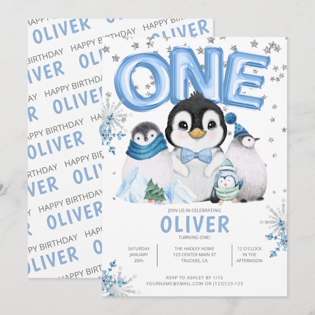 ONE Winter Penguins Boy 1st Birthday Invitation (Front/Back)