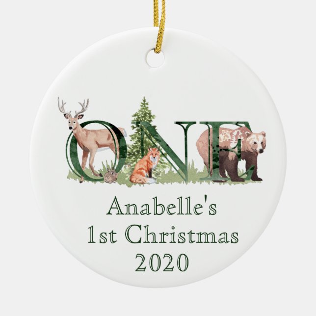 One Woodland Animal 1st Christmas Personalized Ceramic Ornament (Front)