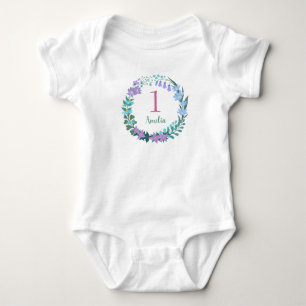 One Year Birthday Lilac Blue Floral Wreath Baby Bodysuit