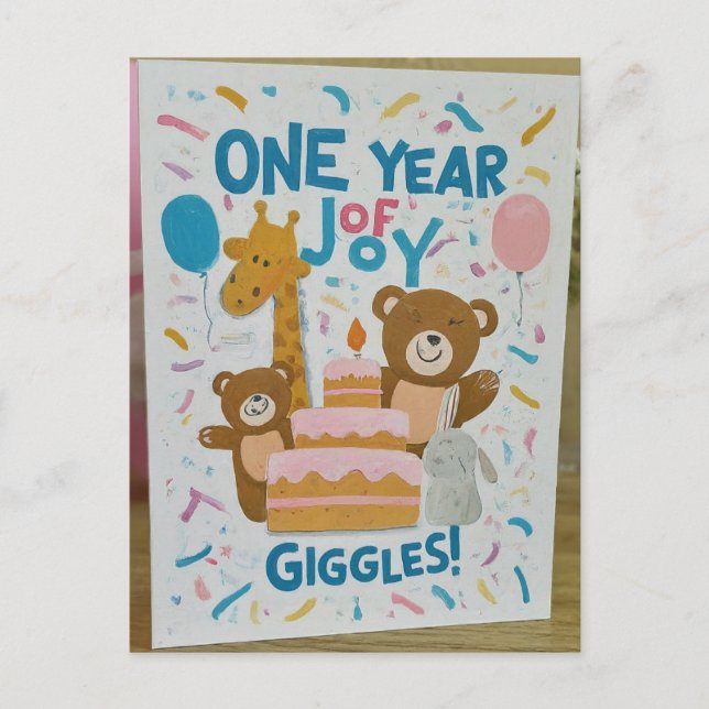 "One Year of Joy and Giggles" Postcard (Front)