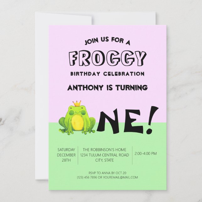One Year old Birthday Party Frog Theme Invitation (Front)