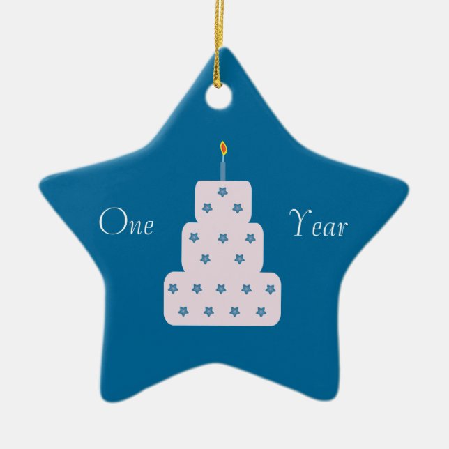 One Year Sobriety Birthday Cake Customizable Blue Ceramic Ornament (Front)