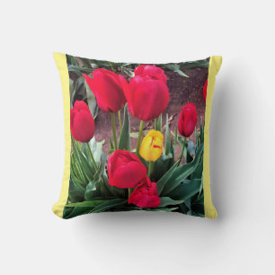 One Yellow with Red Tulips Throw Pillow