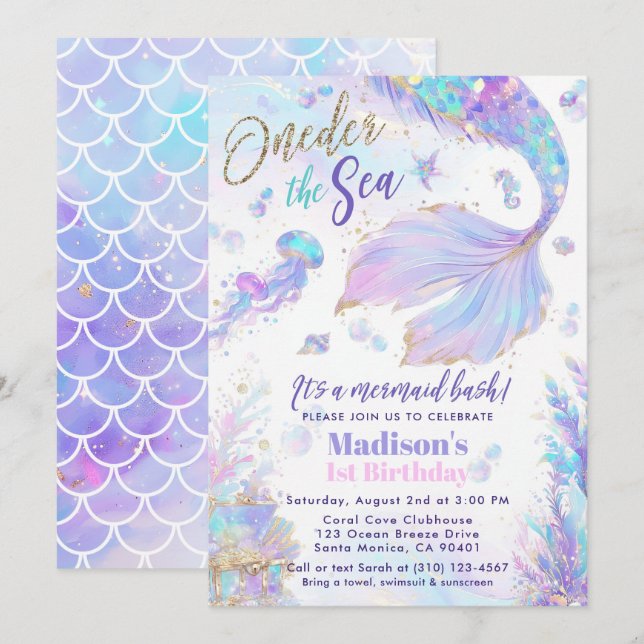Oneder Sea Mermaid 1er anniversaire Invitation (Devant / Derrière)