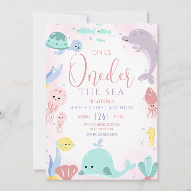 Oneder The Sea 1st Birthday Girl Cute Ocean Invitation (Front)