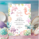 Oneder The Sea 1st Birthday Girl Invitation<br><div class="desc">Dive into a magical celebration with our charming "Under the Sea" first birthday invitation! This beautifully designed invitation features a whimsical underwater scene, perfect for your little one's special day. Adorned with delightful watercolor illustrations of a playful dolphin, a graceful seahorse, a cute octopus, a smiling whale, and colourful starfish...</div>