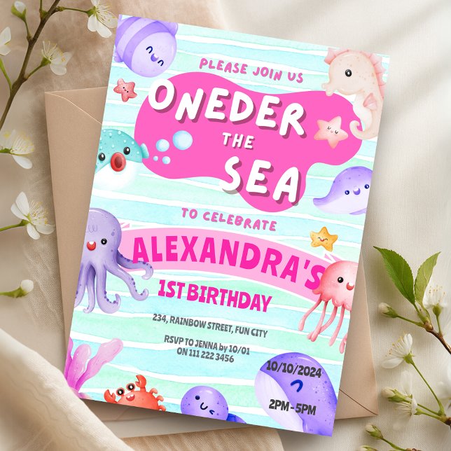 Oneder the Sea 1st Birthday Girl Ocean Animals  Invitation (Oneder the Sea 1st Birthday Girl Ocean Animals Invitation)