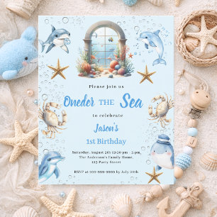 Oneder the sea blue boy 1st Birthday invitation