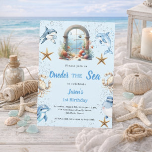 Oneder the sea blue ocean animals boy 1st Birthday Invitation