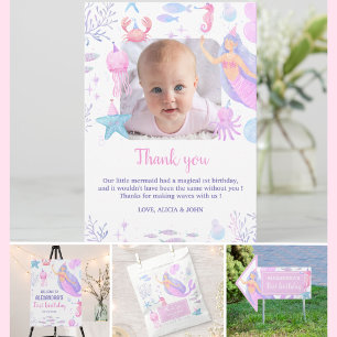 Oneder the Sea Girl 1st Birthday Mermaid Photo Thank You Card