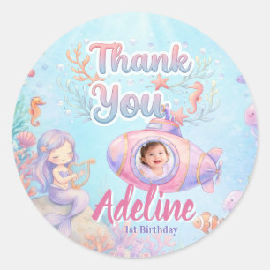 ONEder the Sea Girl 1st Birthday Photo Thank You Classic Round Sticker