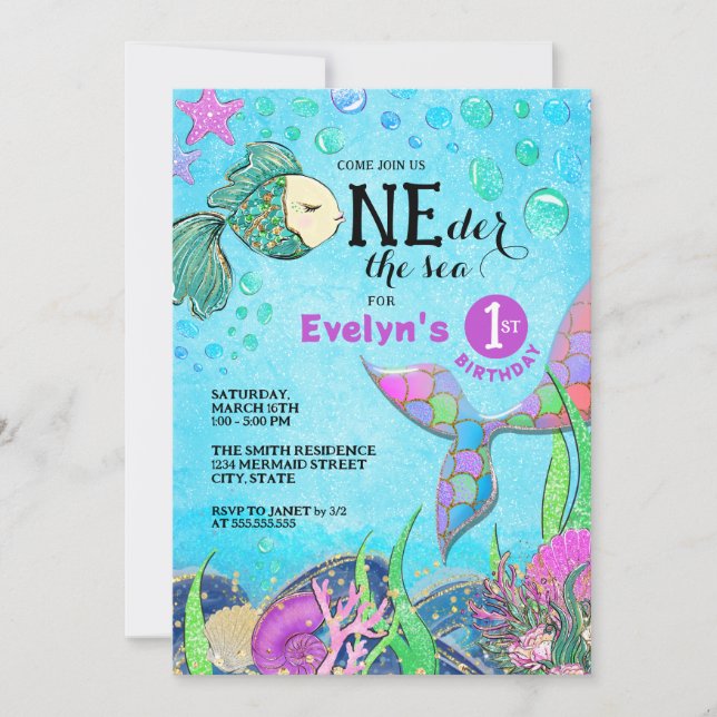 ONEder the Sea Mermaid 1st Birthday Invitation (Front)