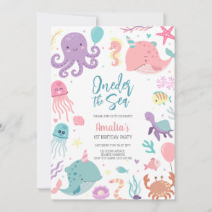 Oneder the Sea Ocean Animals 1st Birthday Invitation