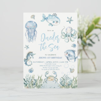 Oneder the Sea Ocean Animals Boy 1st Birthday  Invitation