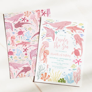 Oneder The Sea Pink Ocean Aniamls 1st Birthday Invitation