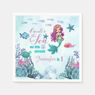 Oneder the sea purple mermaid 1st birthday girl napkin