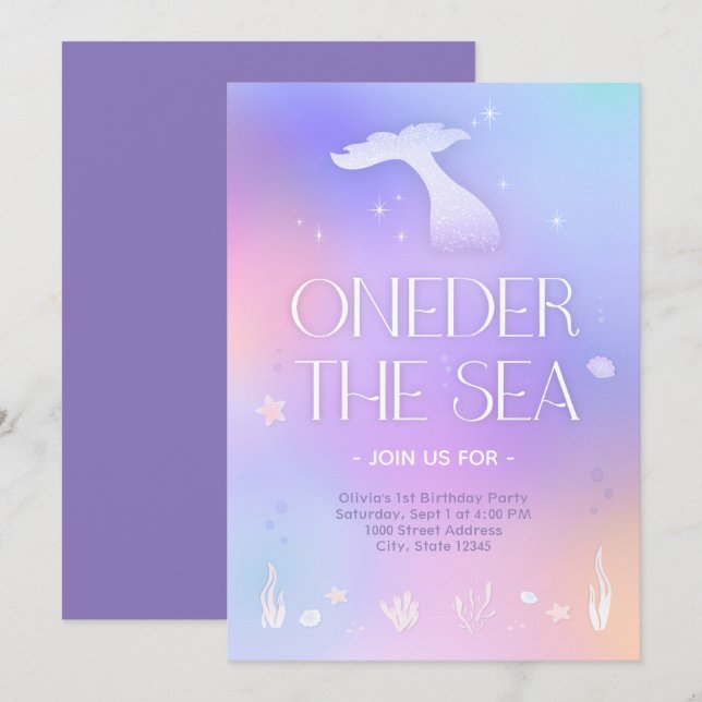 Oneder the Sea Whimsical Sparkly Mermaid Birthday Invitation (Front/Back)
