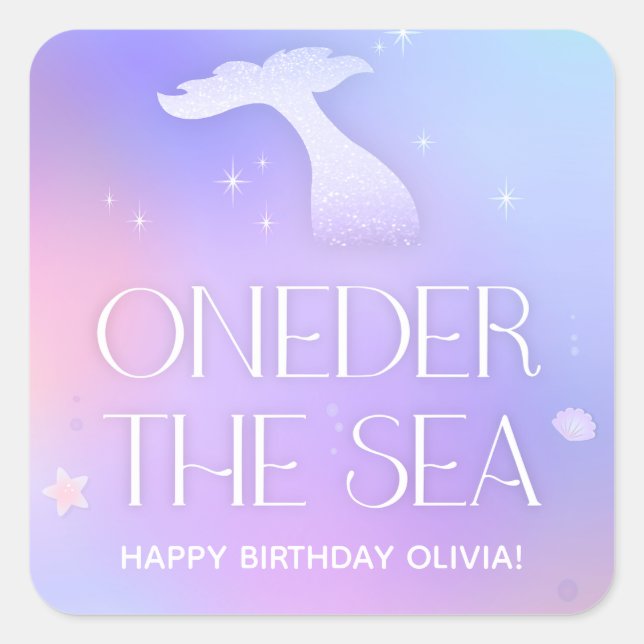 Oneder the Sea Whimsical Sparkly Mermaid Birthday Square Sticker (Front)