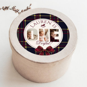 OneDerful 1st Birtdhay Burgundy Classic Plaid Round Sticker