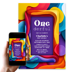 Onederful Colourful 1st Birthday Party Invitation