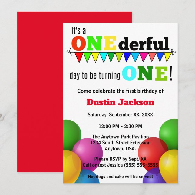 ONEderful Day Bright Balloons First Birthday Invitation (Front/Back)