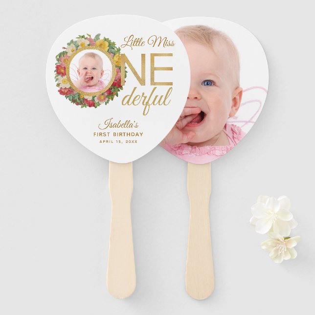 Onederful First Birthday Floral Photo Rose Wreath  Hand Fan (Front and Back)