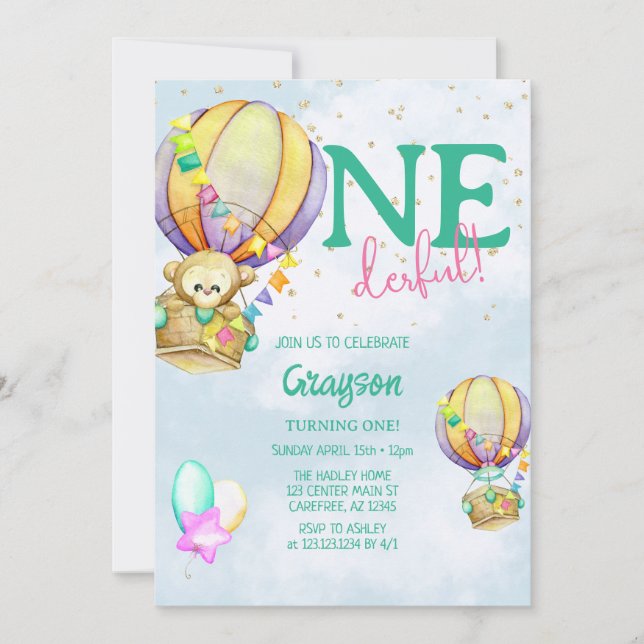 Onederful Hot Air Balloon Blue 1st Birthday Invitation (Front)