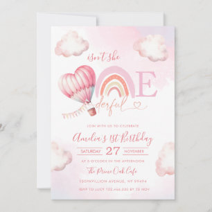 Onederful Hot Air Balloon Pink Girl 1st Birthday Invitation